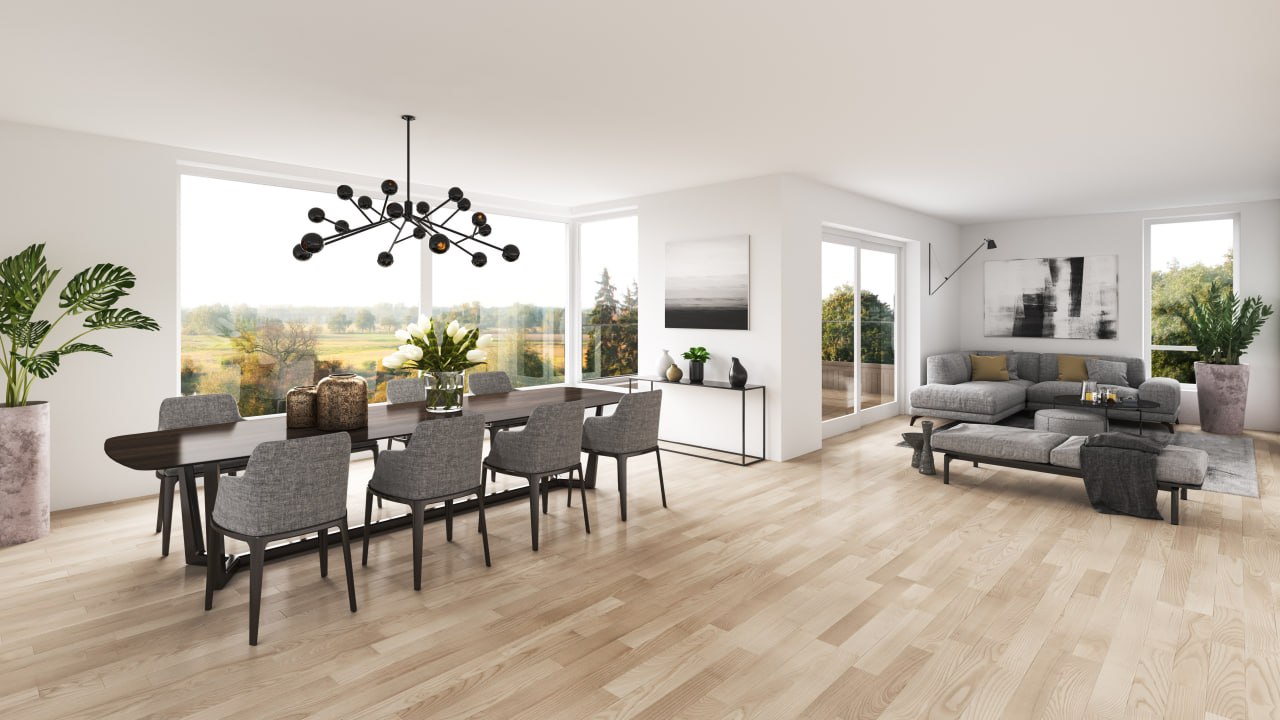 Bright open-concept home with light natural wood flooring